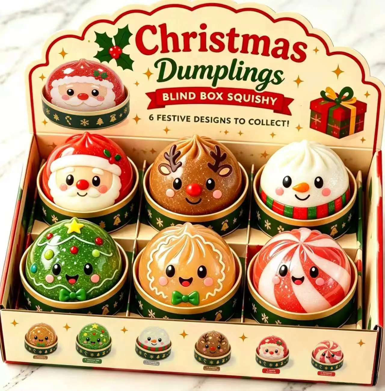 6 Styles Christmas Dumpling Squishies Blind Box, Kawaii Santa Snowman Reindeer Slow Rising Squishy Toy for Kids Christmas Gift