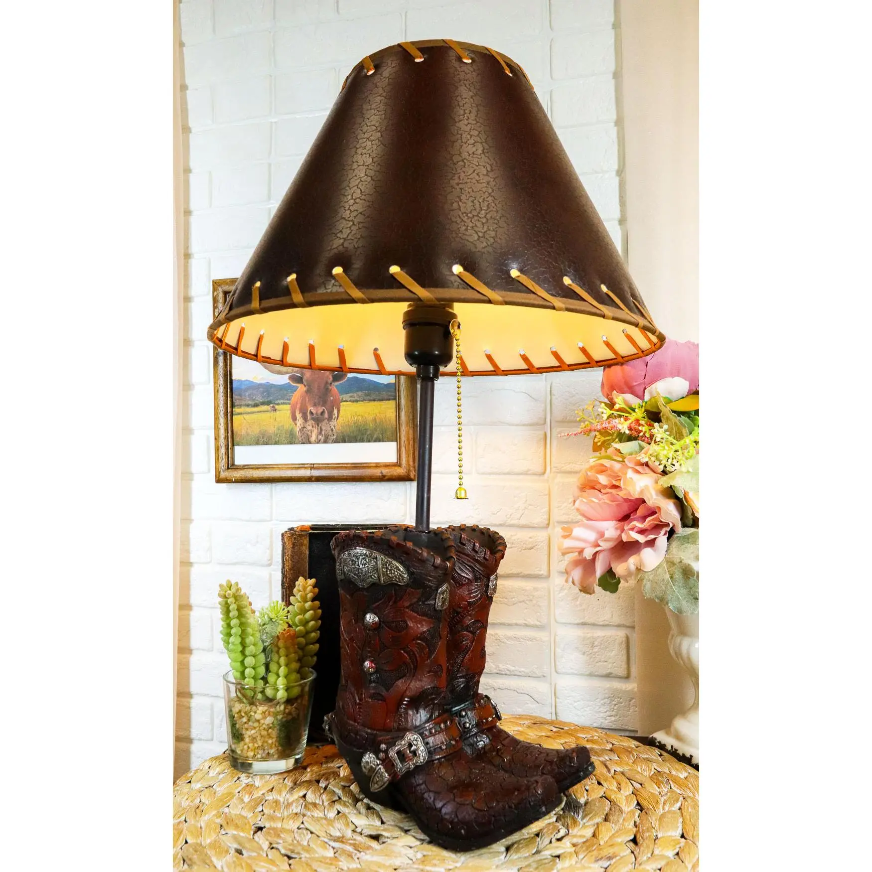 Rustic Western Decorative Lamp, Faux Tooled Leather Cowboy Boots Design With Conchos, Resin Desktop Table Lamp For Home Decor, Resin Table Lamp