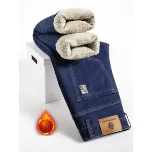 Men's Fleece Lined Denim Jeans, Winter Loose Straight Leg Warm Pants, Thickened Thermal Comfortable Men's Clothing