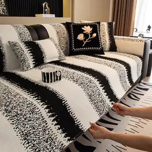 Soft Waterproof  Cover Washable, Non Slip Sectional Sofa Covers,Sectional  Cover for 3 Cushion  Sofa L Sharped Sofa Slipcover for for Pets Kids Children Dog Cat,Black and white stripes  Cover, Furniture Protector,boucle fabric outdo chenille couch