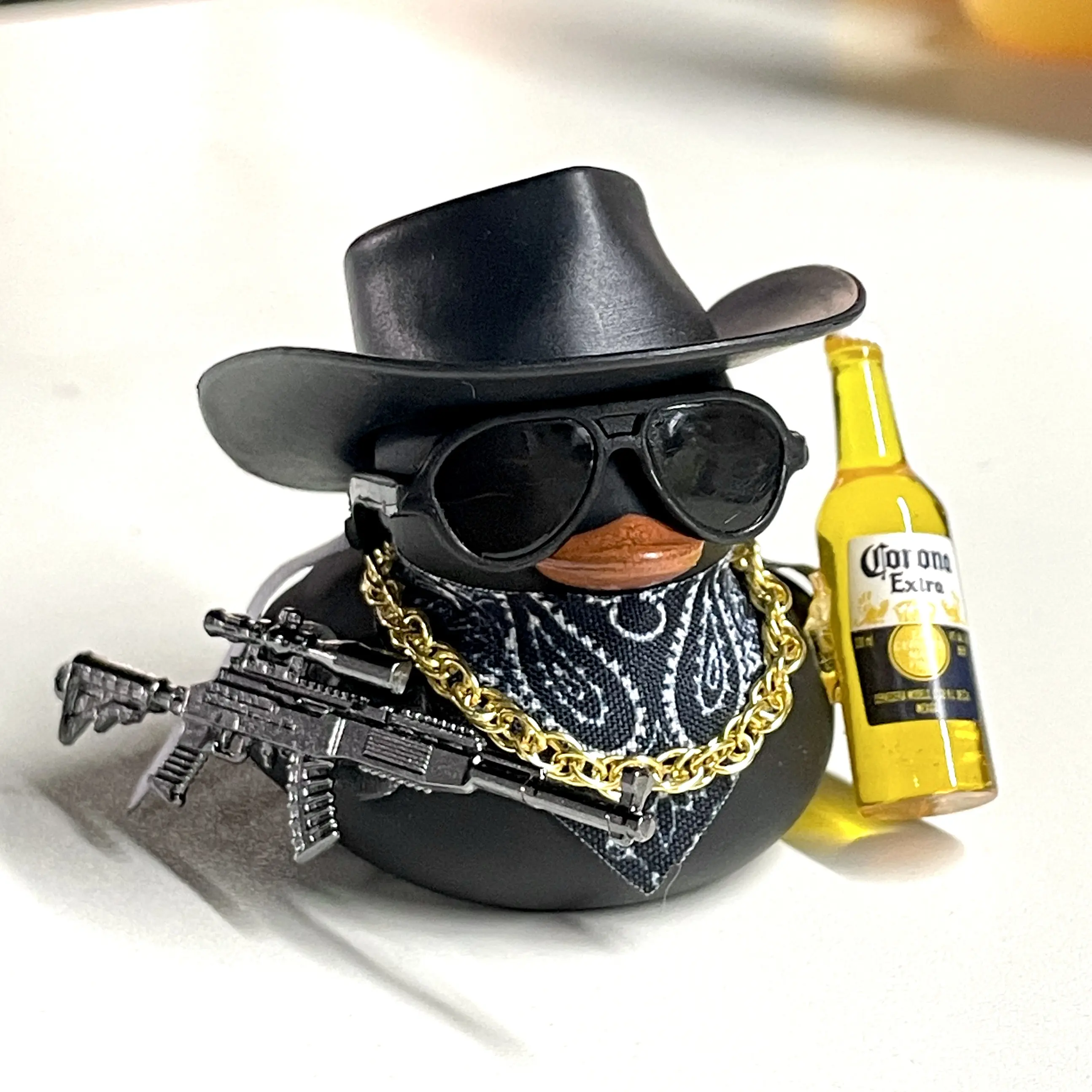 Black Cool Rubber Duck Car Accessories with Hat Sunglasses Gold Necklace Beer Gun DIY Assembly Dashboard Decoration, Car Interior Decoration, Car Stuff