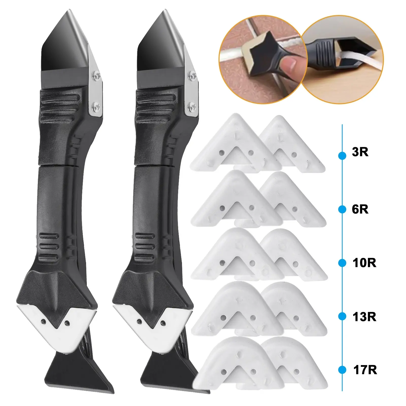 2-Pack 3-in-1 Silicone Caulking Tool Set with Stainless Steel Metal Head, Caulk Remover, Sliding Switch, 5 Replaceable 3R/6R/10R/13R/17R Pads for Removing Stubborn Old Glue, Fixing Any Edge on Windows, Cooktops