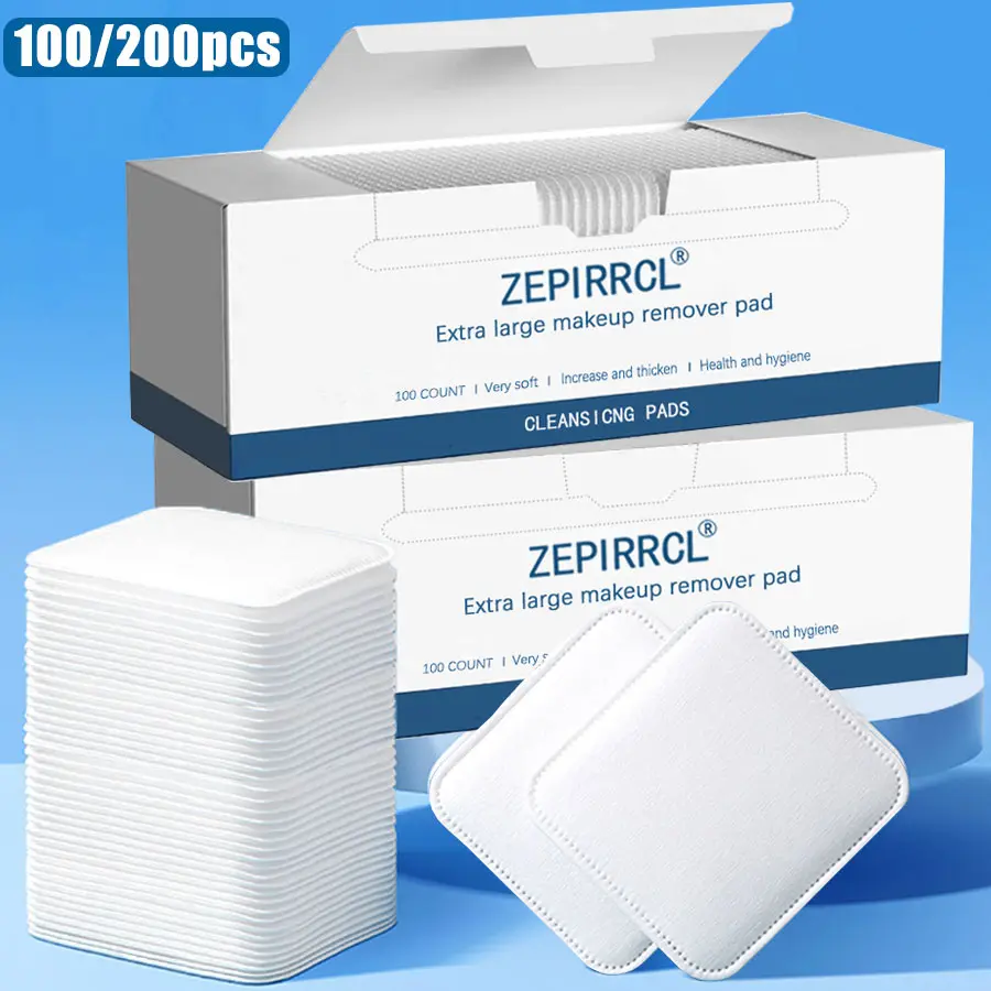 100/200Pcs Disposable Square Cotton Pads, Facial Cleansing & Makeup Remover Pads. 3-layer thickened design, soft texture with no friction. Perfect for daily makeup removal, skincare and nail polish removal. 100pcs per box, 7*6cm.