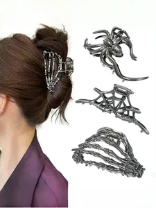 Gothic Skull Design Hand Spider Hair Clips Set, Halloween Theme Dark Metal Finish Hair Accessories, Fits Thick Thin Hair, Punk Subculture Party Headwear