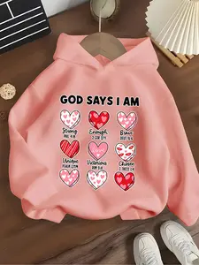 Girls' Hooded Sweatshirt Faith Heart Design, Love Letter Print, Inspirational Style, Soft Fabric, Positive Energy Clothing, Graphic Casual Aesthetic Hoodie
