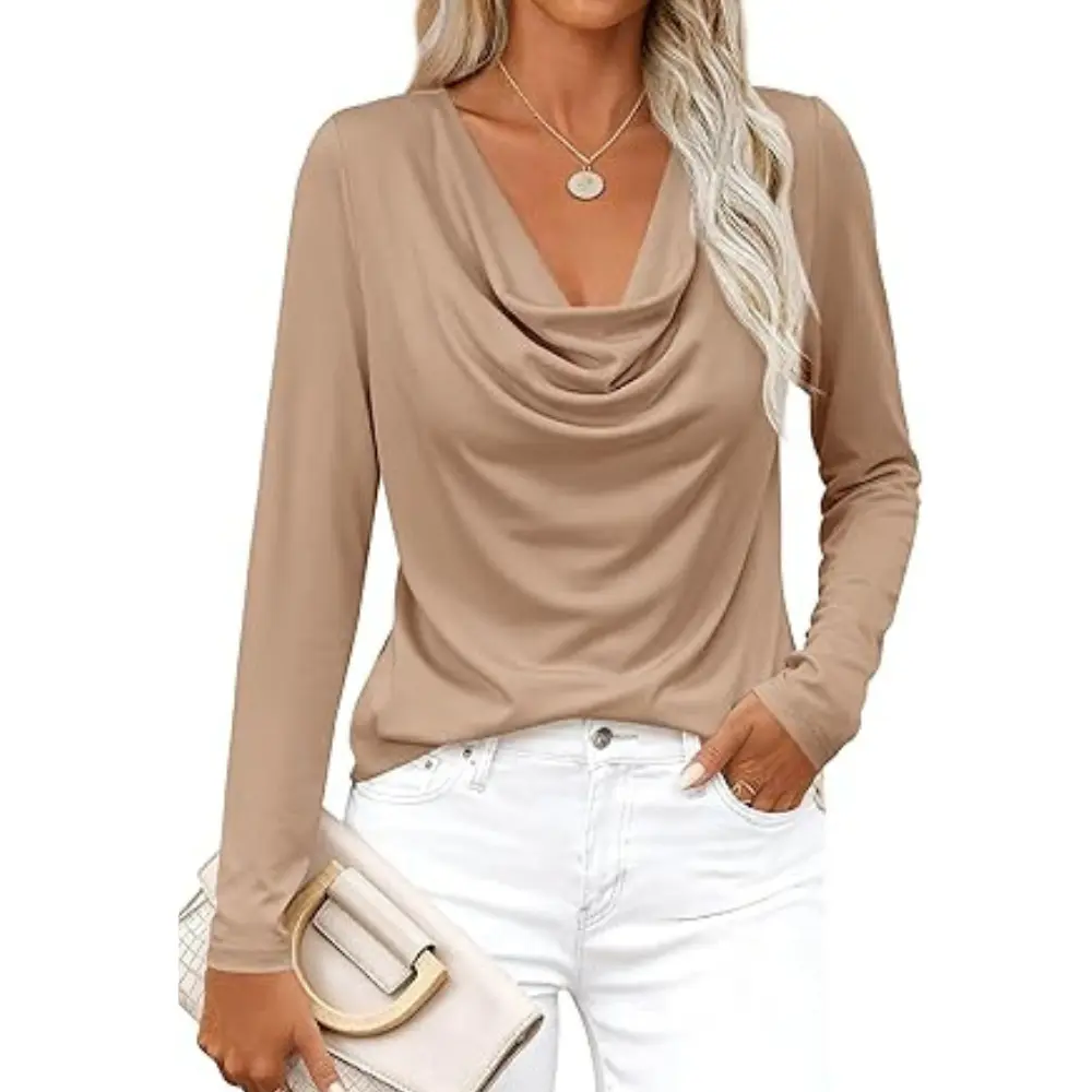PRETTYGARDEN Womens Spring Tops Dressy Cowl Neck Long Sleeve Shirts Loose Business Casual Blouses Teacher Tunic Top