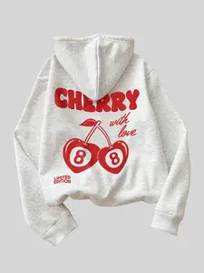 Women's Cherry & Letter Print Drop Shoulder Long Sleeve Hoodie, Trendy Loose Fashion Casual Drawstring Pocket Hooded Sweatshirt for Holiday Outdoor Wear, Edition,Women  Graphic Hoodie, Loose Womenswear, Classic Fit Hoodie Pebble Lime