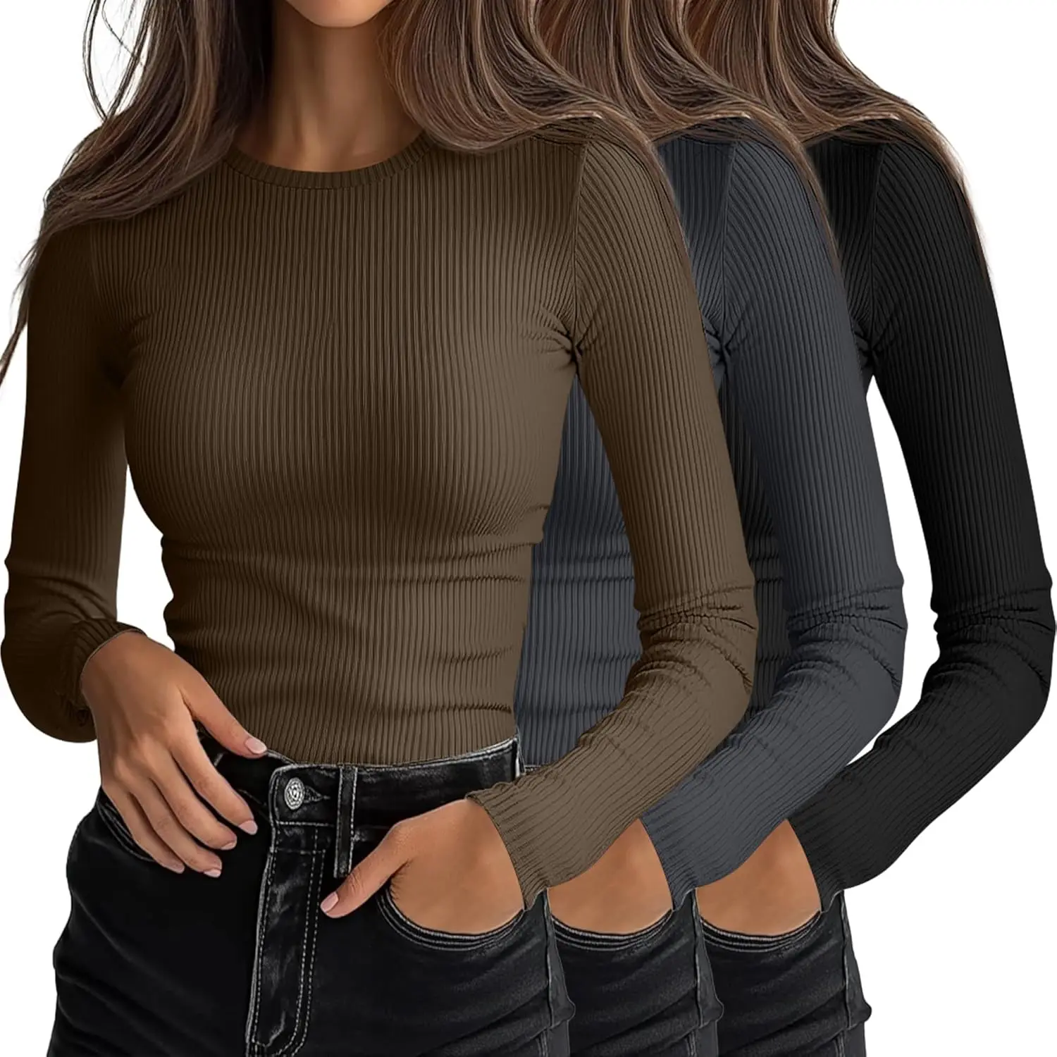 3 Pack Women's Ribbed Long Sleeve Tops, Crew Neck Slim Fit Undershirts Knit Basic Casual Stretch Layering Tee Shirts