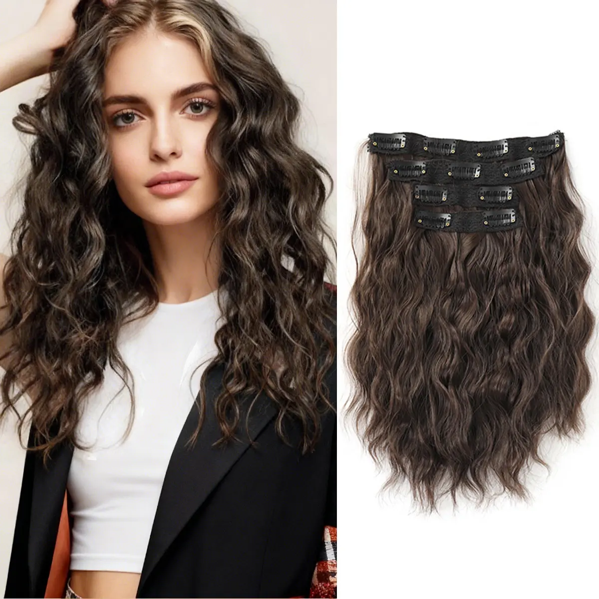 Clip-In Synthetic Hair Extensions Set 4pcs 12 Inch Weft Short Curly Hair Extension Medium Blonde Fluffy Hair Extension with Blonde Highlight Daily Travel Water Wave Hairpiece for Women Lady Girl Casual Decoration Body Wave Style Wavy,summervibes outdoorfu