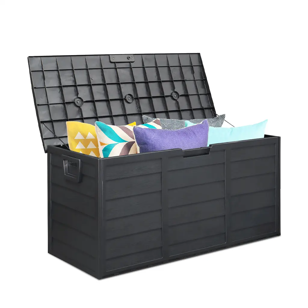 75 Gallon Outdoor Storage Box, Weatherproof Wood-Look Deck Box with Wheels, Lockable Black Garden Chest for Patio Cushions & Tools
