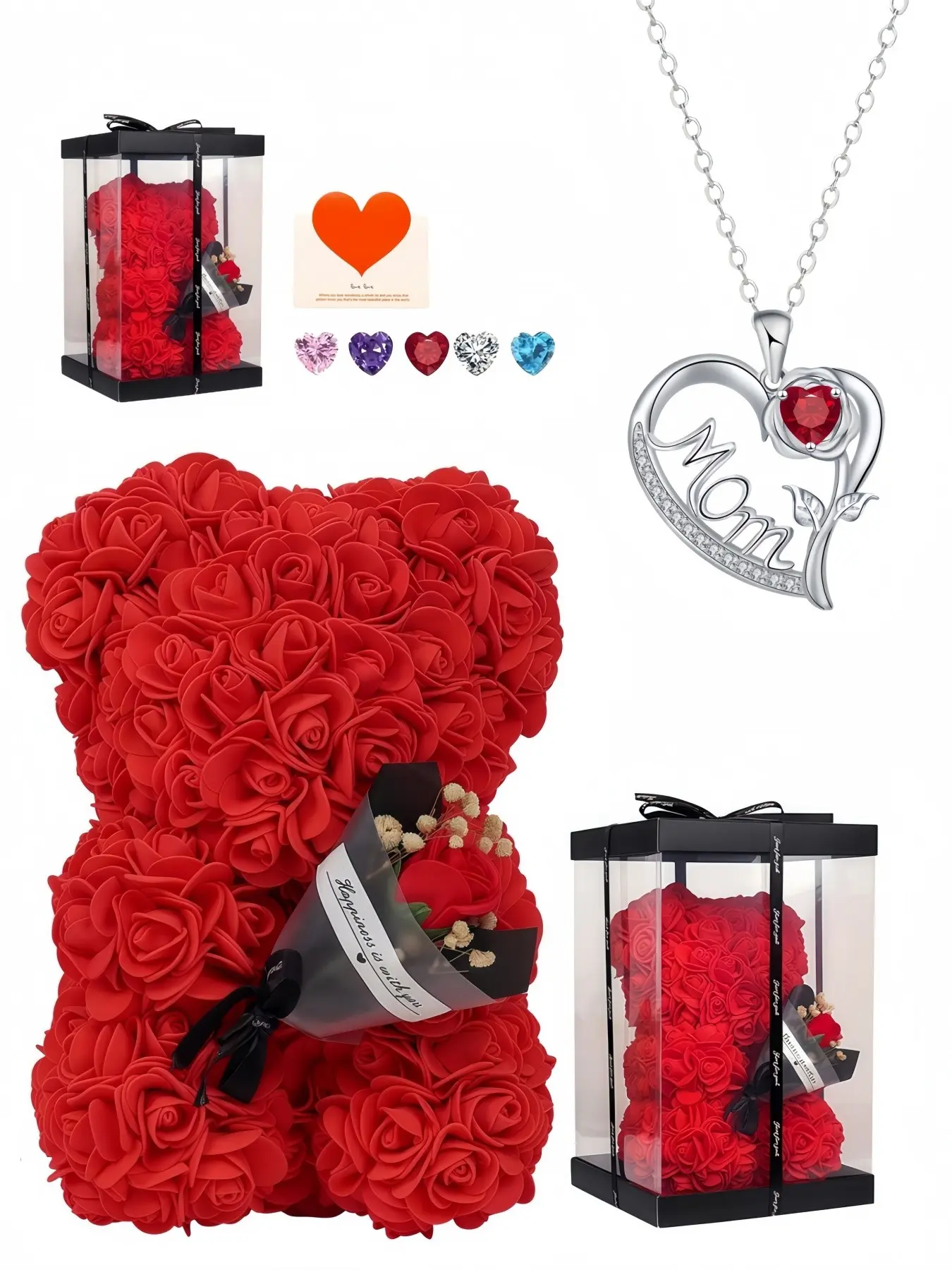 Soft Heart Rose Imprint Stylish and premium heart-shaped MOM rose engraved necklace.Paired with a preserved rose & teddy bear gift box.Perfect mysterious gift for birthdays, Valentine’s Day, Mother’s Day and Christmas.