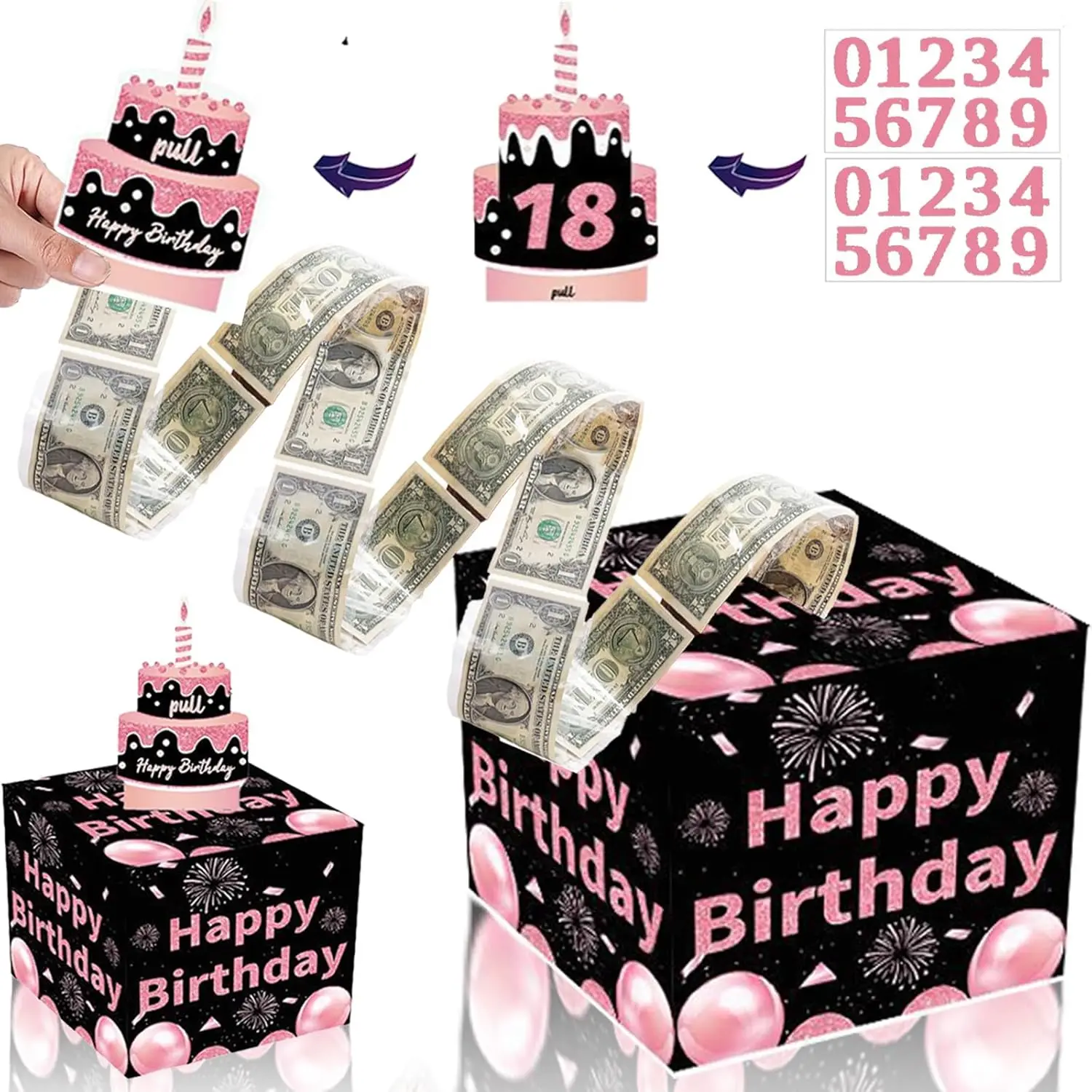Birthday Money Roll Box, Birthday Party Setup Kit - Cake Pull-Out Fun, Age Custom Number Cards, Cash Gifting Accessory for Coworkers & All Ages