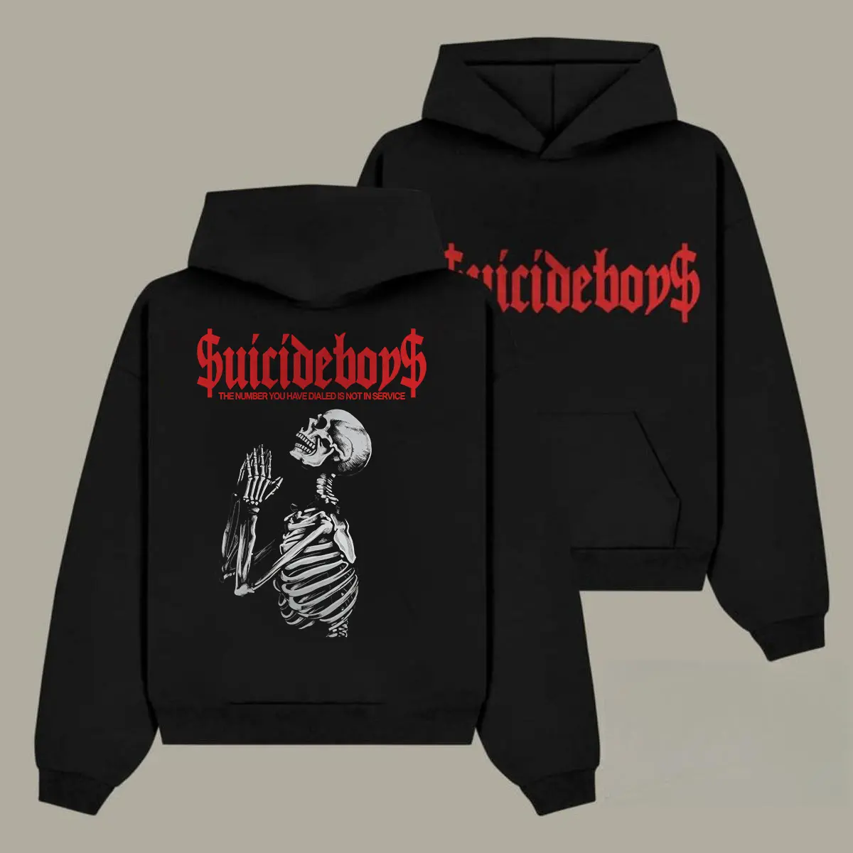 Men's Oversize Stylish G59 Suicide Boy Skeleton Praying Double-Sided Graphic Hoodie - Plush Fluffy Fleece Pullover, Soft Hooded Sweatshirt for Spring, Fall, Winter, Suitable for All Occupations, Tops, Streetwear, Cotton Blend, Double Print, Seamless, Carg
