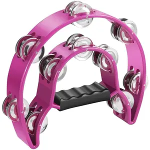 Tambourine Metal Half Moon Musical Instruments Double Row Jingles Hand Held Percussion with Ergonomic Handle Grip for Adults Church Pink