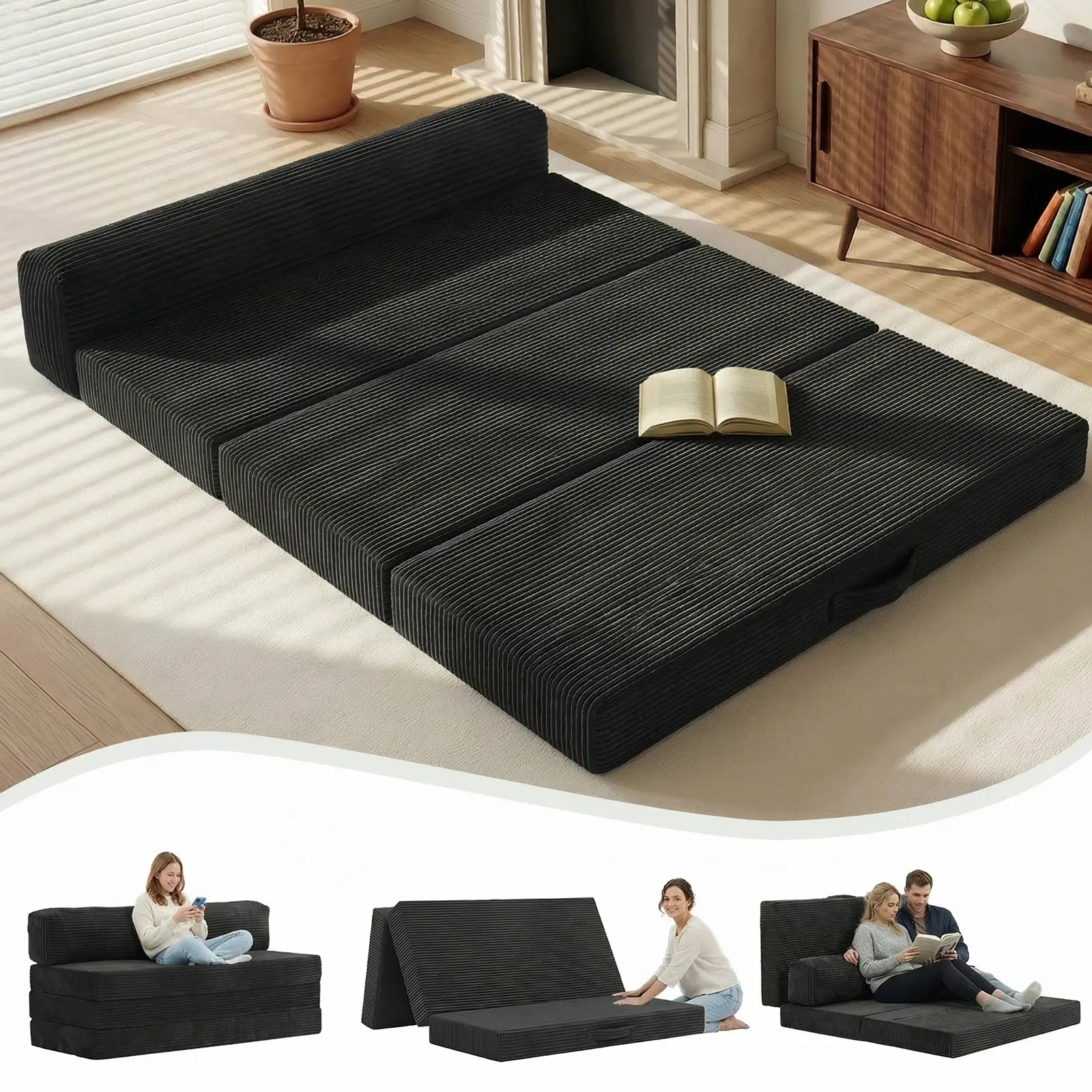 Winzoo 6" Tri-Fold Mattress Foldable Futon Sofa Bed with Removable Pillow,Floor Lounger Bed,Folding Memory Foam Futon Mattress Ottoman,