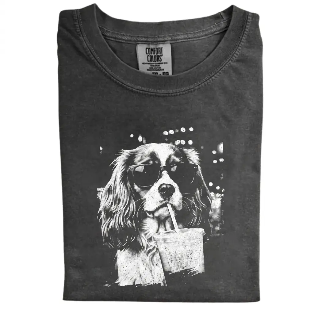 Funny Coffee Lover Cavalier King Charles Spaniel Comfort Colors T-Shirt, Vintage 90s Cool Dog Graphic Tee, Sunglasses Pet Lover Shirt, Unisex Fit Design, Gift for Dog Lovers