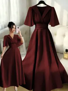 New Women's Lapel Waist Pleated Chiffon Patchwork Ruffle Sleeve Formal Dress, Perfect for Parties, Dates, Casual Vacations, Daily Elegance