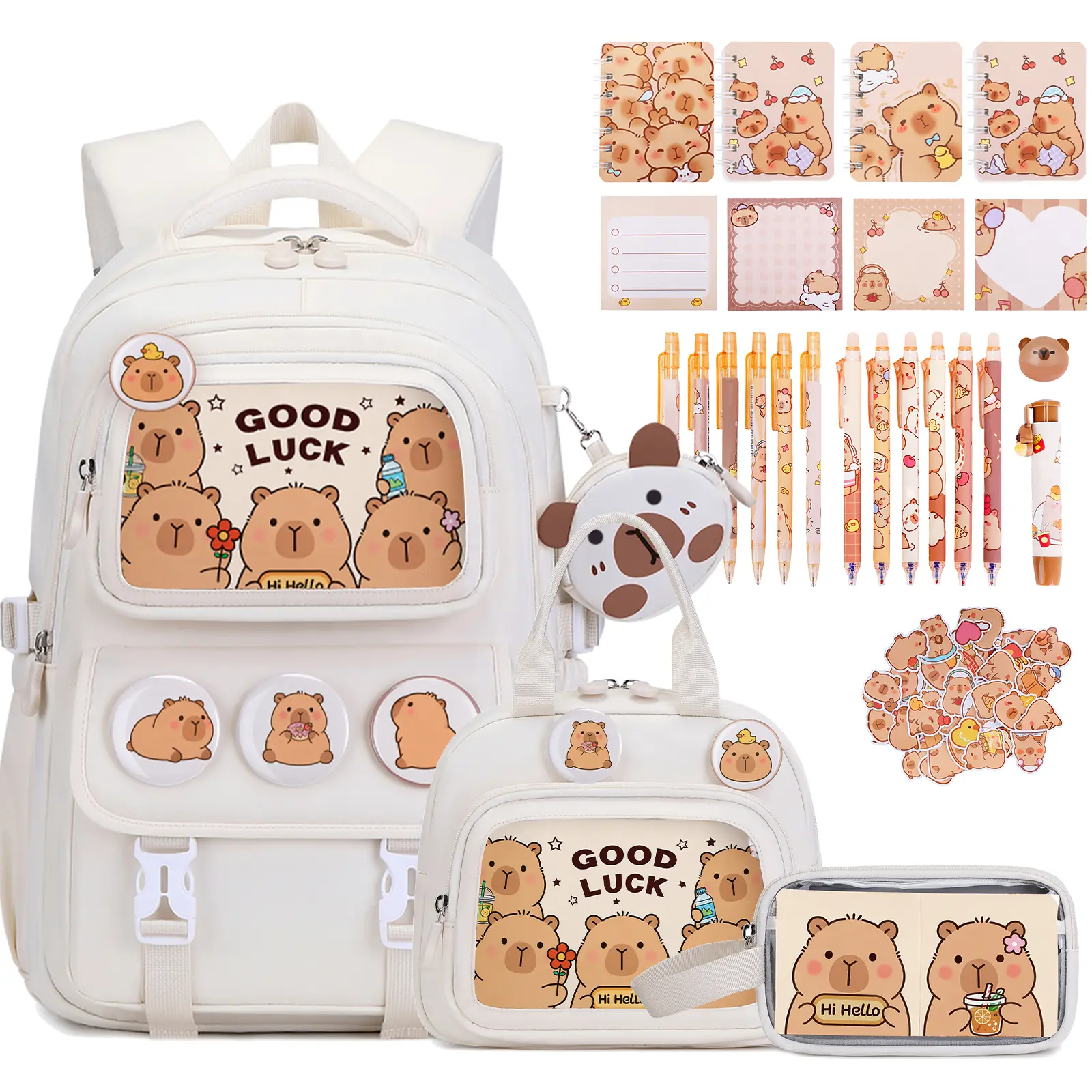 SIMILOVE Capybara Print Kids Backpack Multi-Set Pack - Back to School Shopping, Cute Supplies, 4pcs Optional (with Headphones), Lunch Bag, Pencil Case, Water Bottle, Bento Box, Rolling Style, for Elementary-Middle School Girls, Party Gift