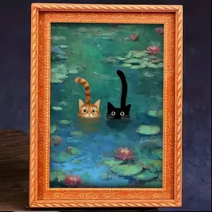 1pc Water Lilies Cat Refrigerator Magnets - Monet Inspired Art, Black Cat Design, Durable Wooden Material, Decorative, Refrigerator Art, Perfect for Home & Office Decor, Holiday Gifts, Kitchen Accessories