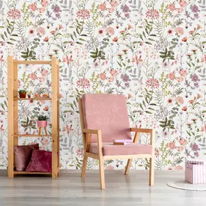 VEELIKE Vintage Peach Pink Floral Wallpaper Peel and Stick Removable Wildflowers Pink Botanical Wallpaper for Nursery Girls Bedroom 17.7''x118'' Self Adhesive Floral Contact Paper for Walls Cabinets