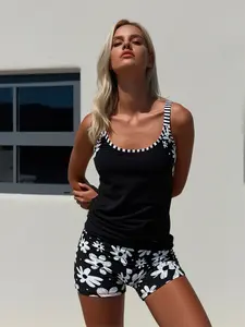 Women's Blouson Tankini Set Black Floral Two-Piece Swimsuit with Shorts, Chic Swimwear Bathing Suit for Vacation Beach Pool Summer Resort, Women's Swimwear, Bathing Suit for Women, Tankini Swimsuit Set, Two Piece Bathing Suit