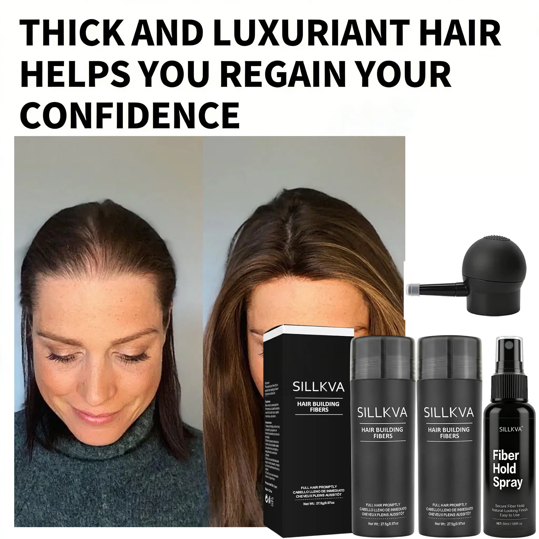 SILLKVA 4PCS Hair Building Fiber Kit - 2×27.5g Fiber Hair Styling Powders, Adhesive Spray, Precision Applicator, Haircare for Men & Women, Instant Fuller Hairline Coverage, Waterproof, Sweatproof, Lightweight, Daily Density Boost, Adhesive Spray Hair Styl