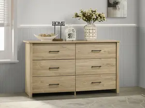 57"W Light Oak Finish 6-Drawer Dresser with Black Handles