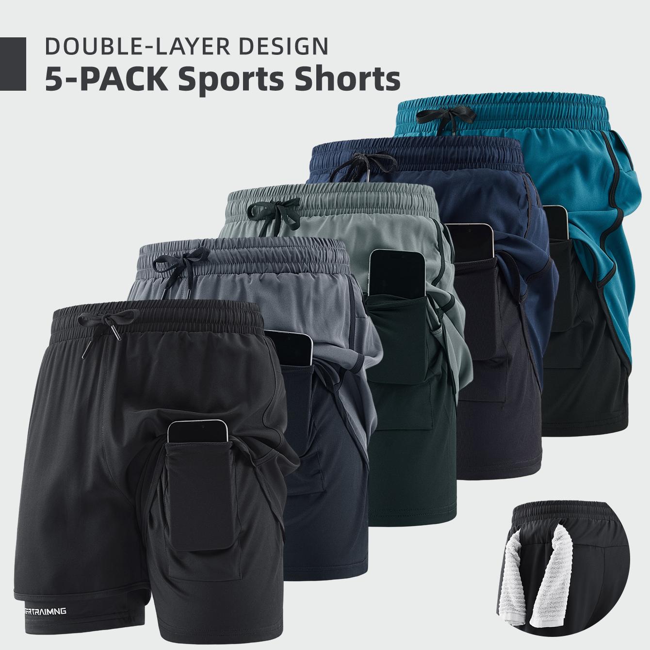 Men’s 5-pack double-layer faux two-piece running shorts with phone pocket and towel loop; quick-drying, breathable, anti-exposure design; lightweight and comfortable; versatile for running, fitness, basketball training, everyday commuting.
