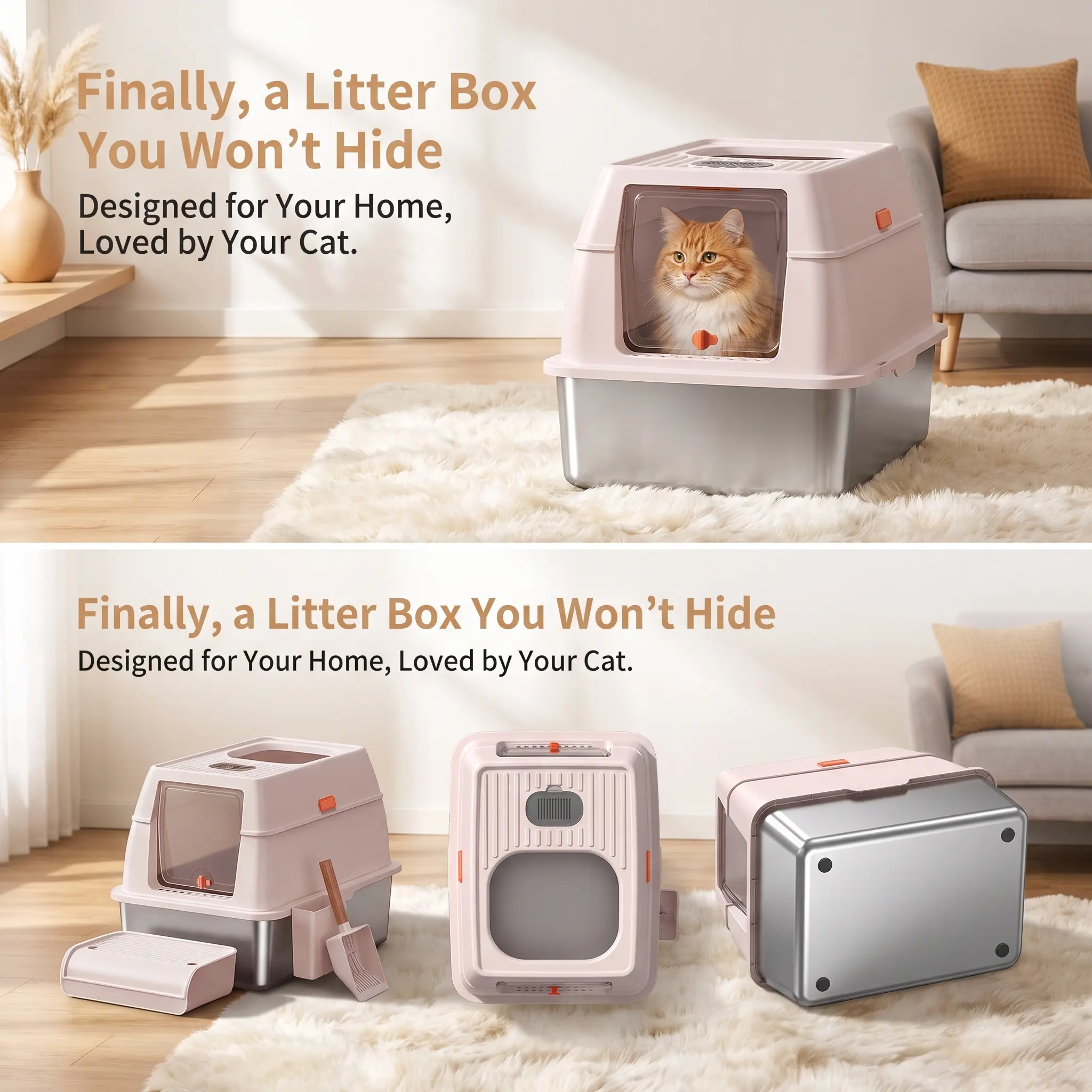 Medical-Grade Antibacterial Pink Stainless Steel Cat Litter Box, High-Walled for Scatter & Spraying Prevention, Odor Control, Stain-Resistant, Durable for Small Apartments, Long-Lasting Pet Tray for Clean Home, Fresh Smelling, High Walled Design