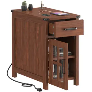 Farmhouse End Table with Charging Station and 1 Storage Cabinet, 1 Drawer, Cherry Wood Nightstand Narrow, Skinny Side Table, Slim Bedside Table, Small Nightstand for Bedroom, Living Room, Sofa
