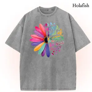 Women Acid Wash T-Shirt In A World Full Of Roses Be A Daisy Rainbow Floral Graphic Tee Drop Shoulder Soft Cotton Breathable Summer Casual Streetwear Oversized Comfort Top