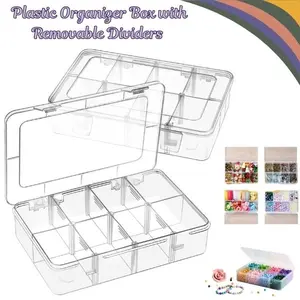 2 Pack Bead Organizer Storage Box, 8 Grid Plastic Craft Organizer with Removable Dividers & Labels for Jewelry, Small Parts, Electronics, Tackle