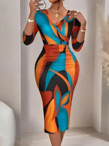 Women's Fashion Wave Print Cross Body Seven-Quarter Sleeve V Neck Ruched Tight Dress, Stylish Chic Summer Casual Wear, Colorblock Wrap Dress