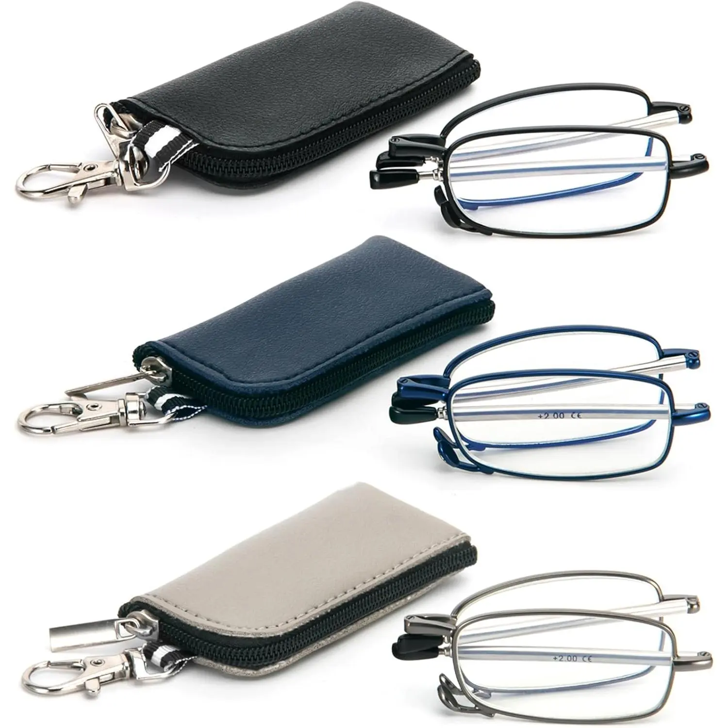Unisex 3-Pack Blue Light Blocking Folding Reading Glasses - 1.75 Strength, Spring Hinge, Keychain Compact Bags, Portable Pocket Readers (Black, Grey, Blue), 3 Pack: Black, Blue Light Blocking Lens