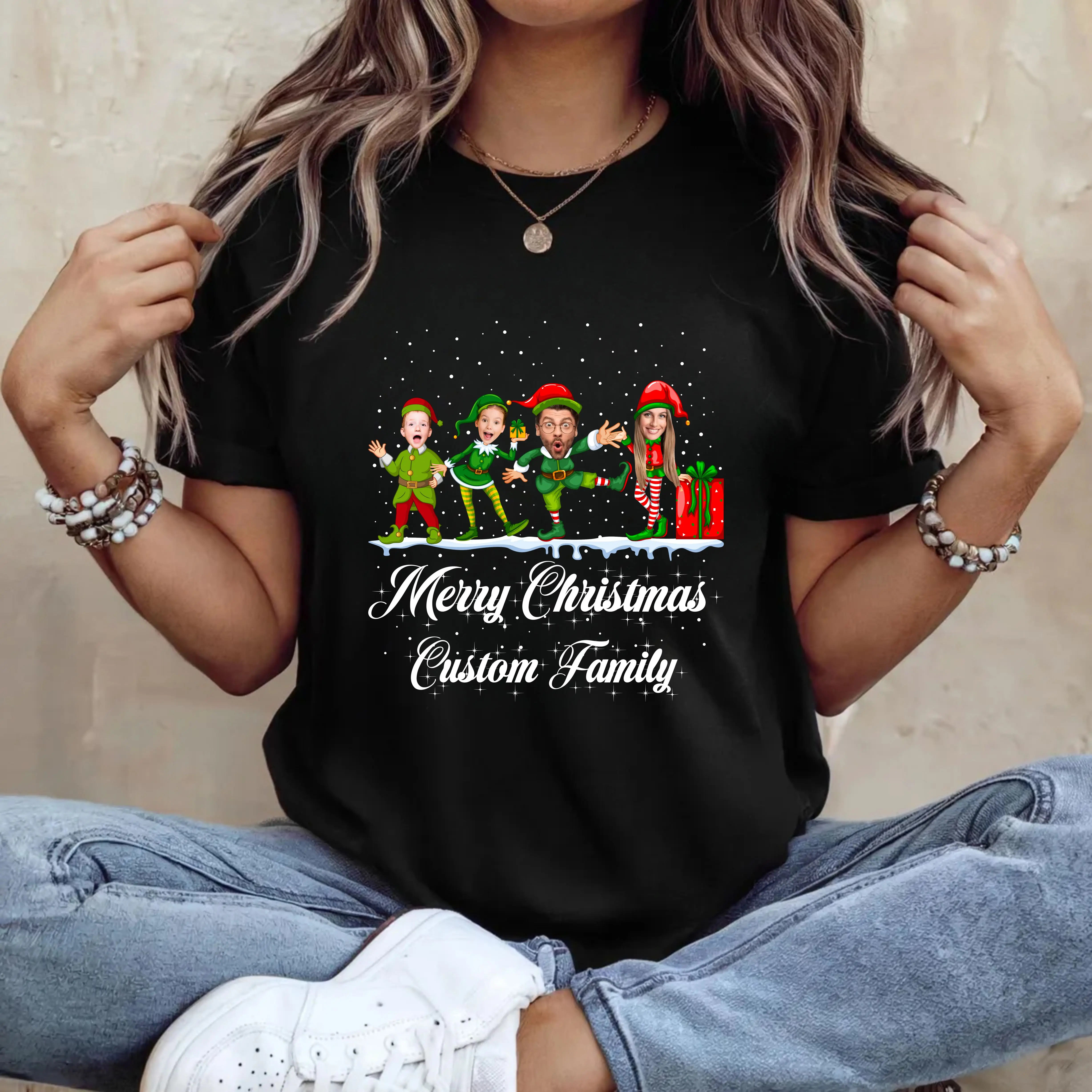 Customized Merry Christmas Photo T-Shirt  Custom Family Name Holiday Tee | Unique Winter Festival Shirt | Matching Xmas Outfit Gift for Family, Friends & Couples | Festive Holiday Top