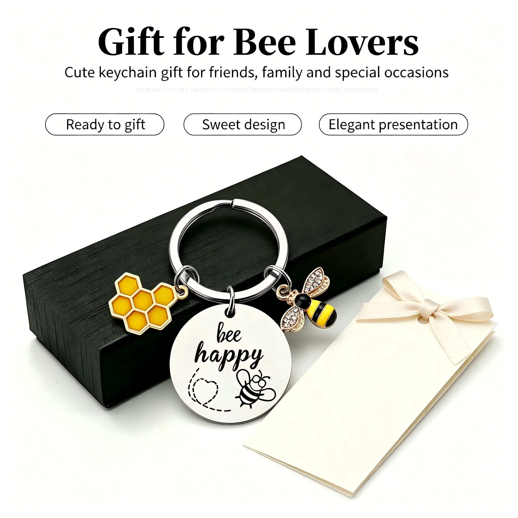 Bee Happy Keychain - Cute Inspirational Bee Key Ring Gifts, Stainless Steel Bee Accessories with Honeycomb Charm for Women Men Kids, Backpack Purse Wallet Keychains