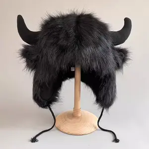 Halloween Ox Horn Plush Hat - Cozy Winter Ear Warmer, Street Style, Non-Stretch Polyester, Ear Warmer