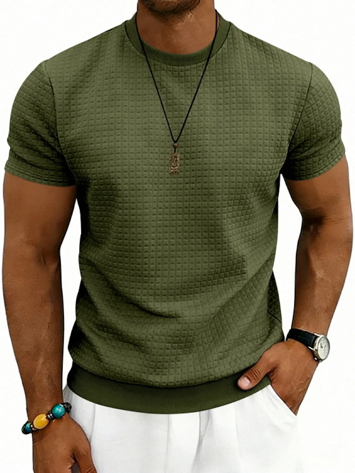 Men's Sporty Classic Simple Casual Round Neck Textured Short-Sleeve Top, American Old Money Style for Summer, Trendy and Comfortable