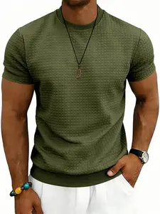 American Summer Men's Sporty Old Money Style, Simple Casual Round Neck Textured Short Sleeve Top, Trendy and Comfortable Apparel