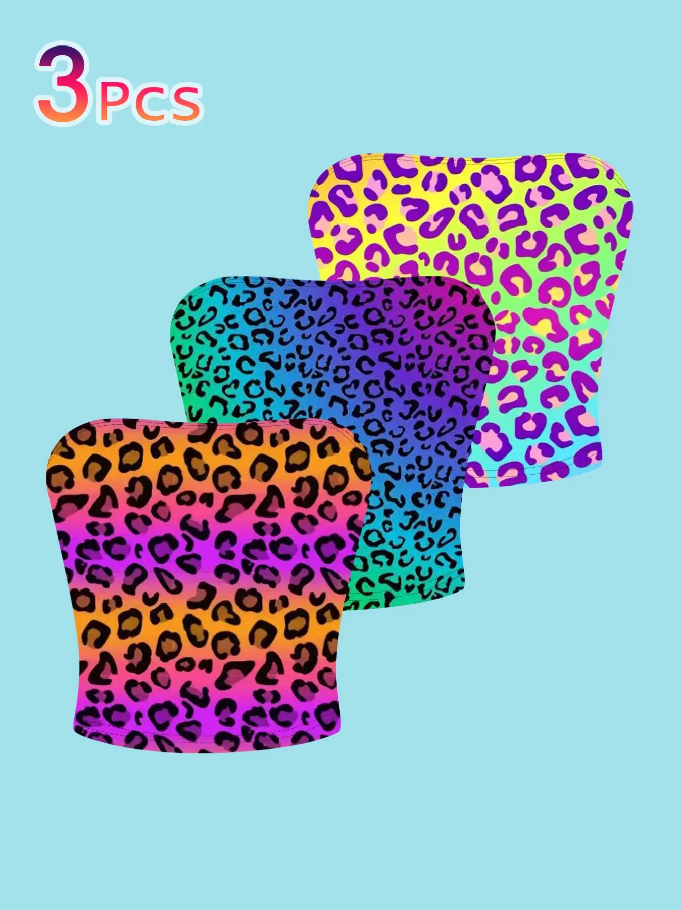 3-Pack Rainbow Gradient Leopard Tube Top, Slim-Fit Short Sleeve Backless Crop Top, Casual Backless Design All-Over Print Tee for Women Bandeau Tube Tops Bandeau Cropped Tops