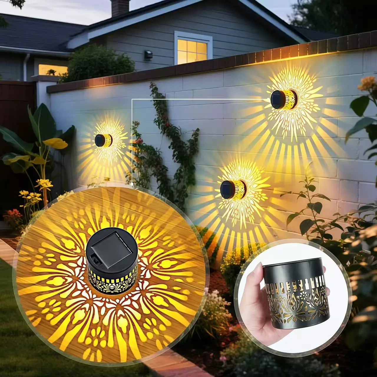 Solar Wall Lights with Mandala Projection, Hollow Metal Outdoor Landscape Lighting, Waterproof Solar Powered Deck Lights for Fence & Patio