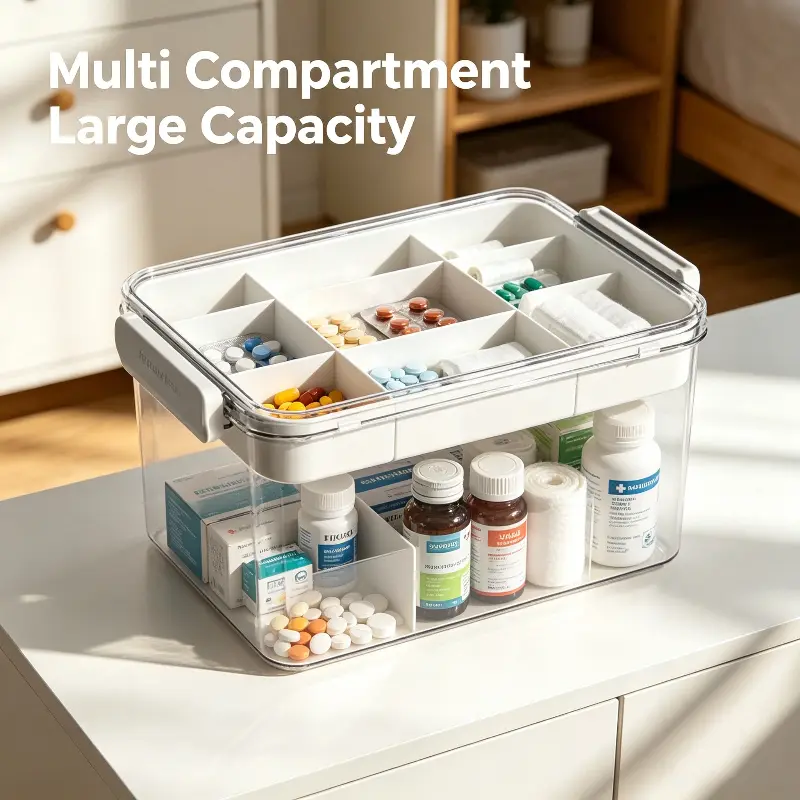 Portable Transparent First Aid Storage Organizer with Carry Handle, Hard Thickened Plastic Medical Box with Removable Sorting Tray, Lightweight Dustproof Bin for Medical Supplies Cosmetics Daily Sundries, Great for Room Home Closet Storage
