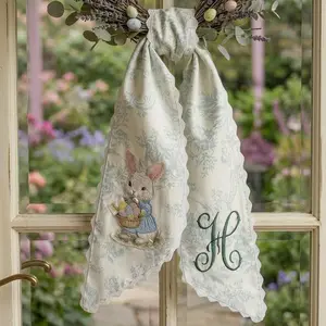 Personalized Easter Bunny Door Hanger, Wreath Sash with Scalloped Lace, Spring Decor