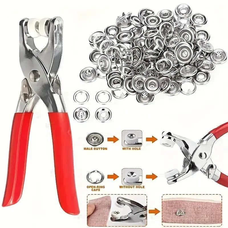 Buttons & Pliers Tool Kit, Including 200pcs Metal Sewing Button & 1count Snap Fastener Pliers Set, Gift for Wife, Household Sewing Supplies, Easy DIY Clothes Sewing Accessories, Sewing Tools, Seamless Stitching