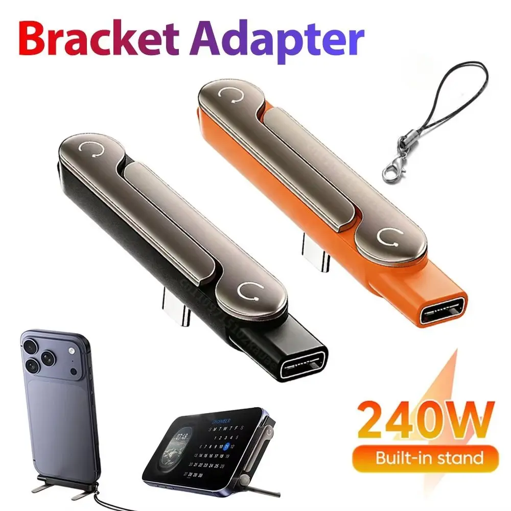 240W USB-C Fast Charging Cable with Foldable Phone Stand, 90 °   Right Angle Nylon Braided Cord, Portrait & Landscape Viewing for Gaming, Work & Entertainment desk  mount  adjustable holder