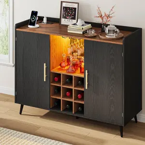 IRONCK 47.2"W*17.7"D*36.2"H Coffee Bar and Wine Cabinet with 9-Grid Wine Rack, Adjustable Shelves, LED Light, Glass Holder - Multi-Purpose Home Liquor Bar for Kitchen & Living Room