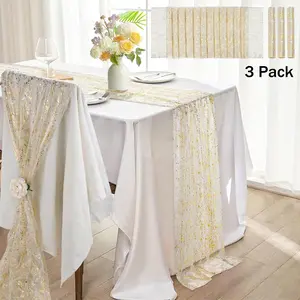 3Pcs 10 Ft Gold Table Runners Sheer Chiffon Tulle Cheesecloth Wedding Runner Golden Sequin Glitter Metallic Foil Party Decorations for Wedding Birthday Christmas