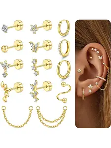 Cartilage Earrings for Women - Gold Plated Flat Back Helix Conch Tragus Piercing Jewelry Flat Pierced Earring Single Stainless Steel Stud Earrings Hoops Stackable Set Ear Studs Earring Stacking Set