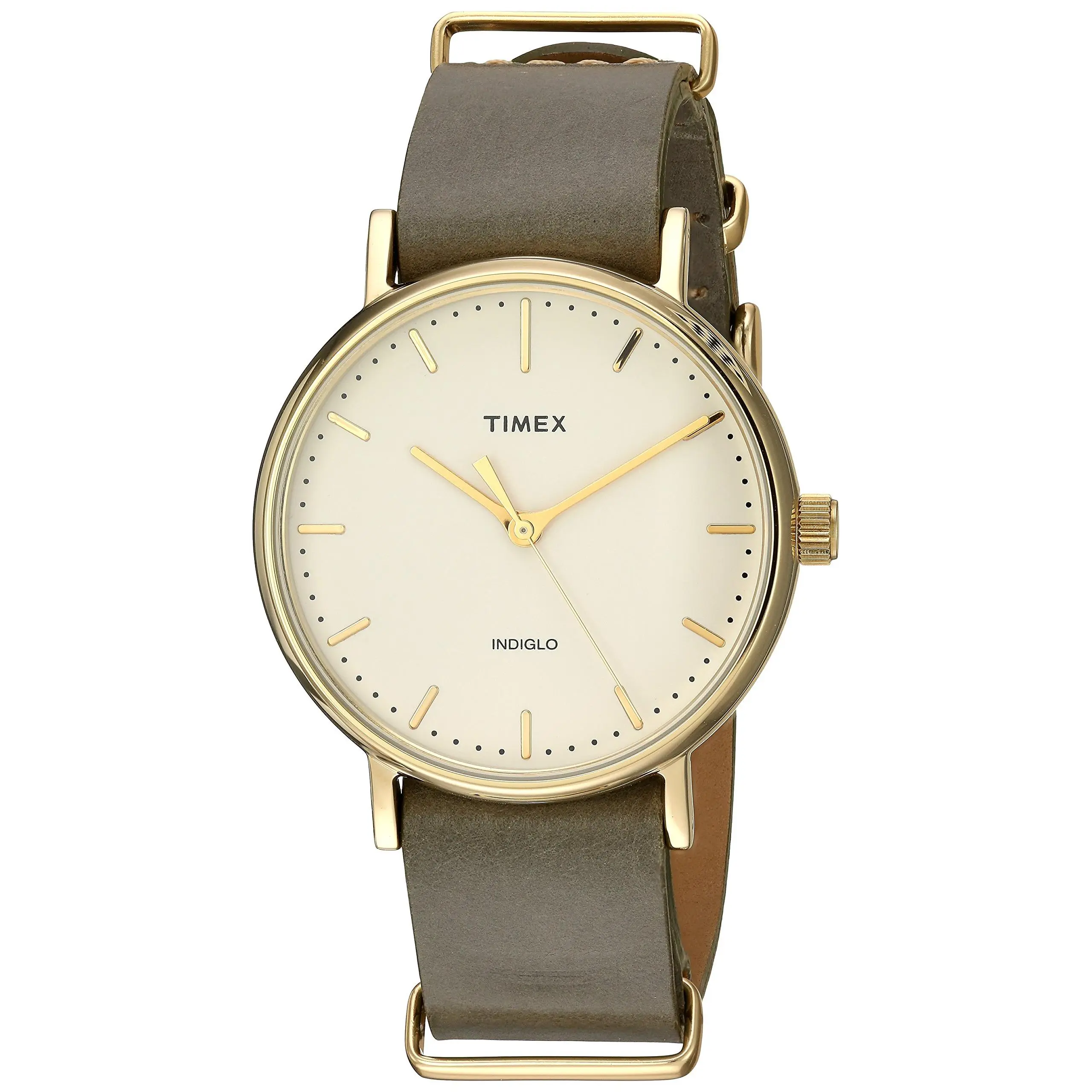 Timex Unisex Fairfield 37 Olive Leather Slip-Thru Strap Watch TW2P98500, Double Strap Wrist Watches, 30M - 50M, Round Face, Indiglo Light, Minimal Dial