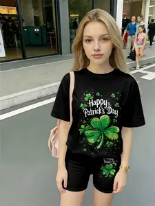 Girls St. Patrick's Day Splatter Clover & Text Print Set, Trendy Edgy Style Casual Outfit